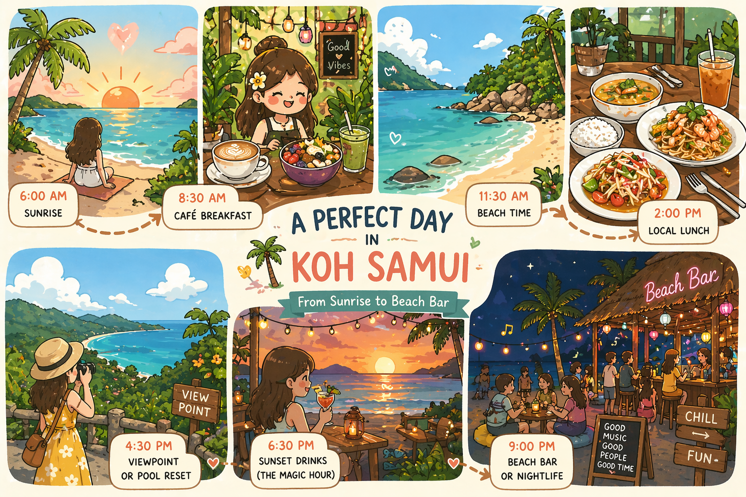 Perfect day in Koh Samui collage showing sunrise beach, tropical cafe, clear water beach, Thai food, viewpoint, sunset and beach bar nightlife in Thailand