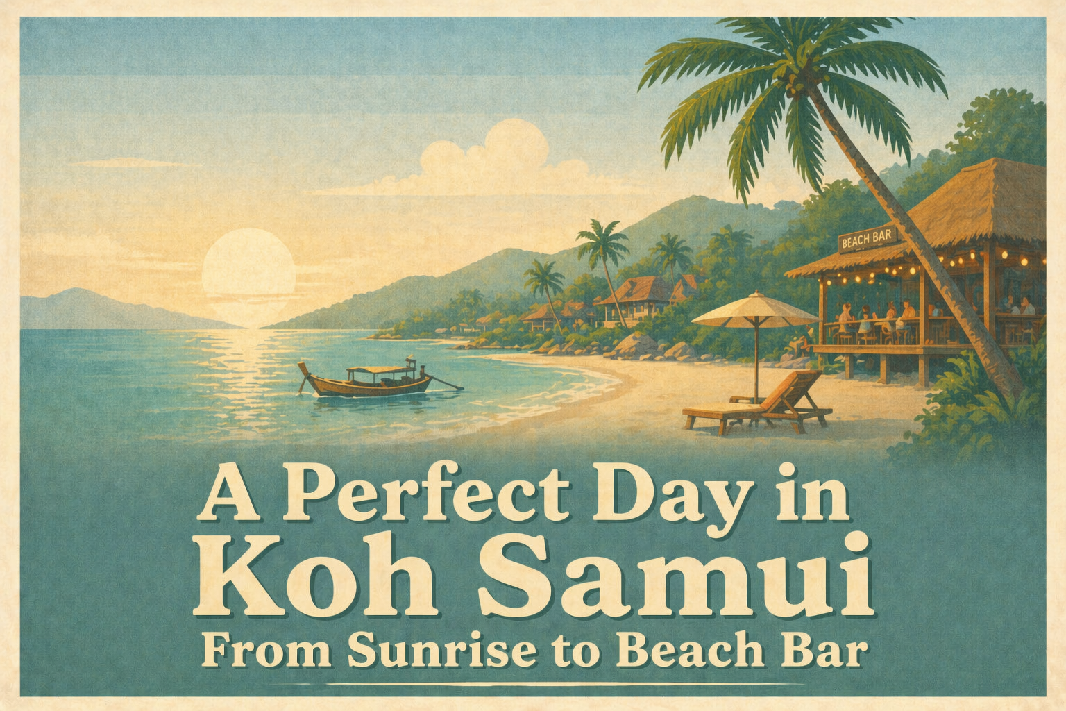 Perfect day in Koh Samui illustrated in cute 2D style showing sunrise beach, tropical cafe breakfast