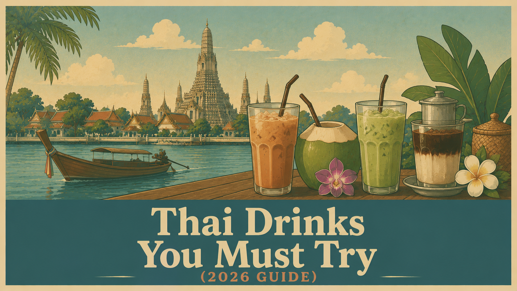 Illustration of popular Thai drinks including Thai iced tea, coconut water, fresh fruit shakes, and 