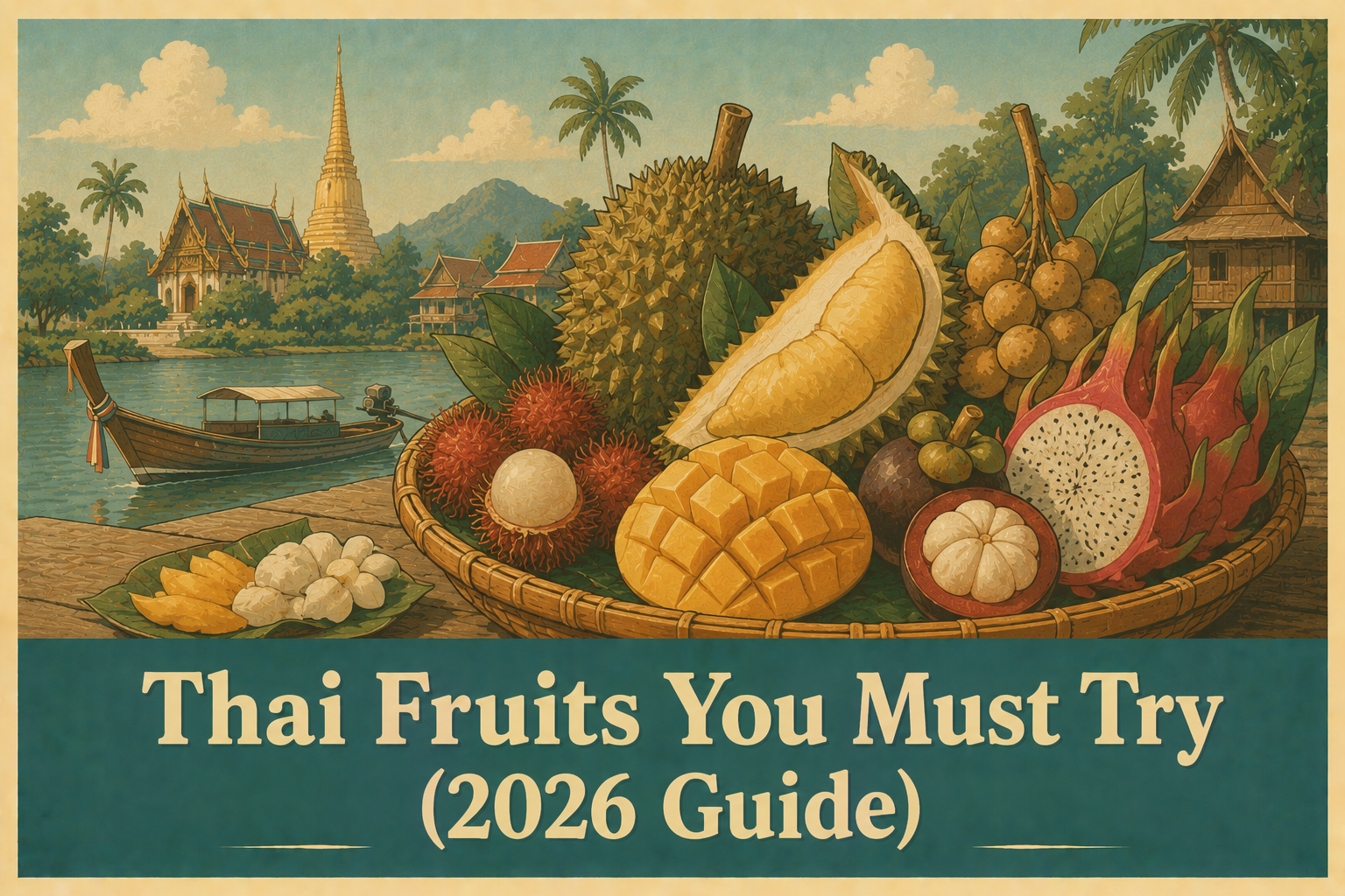 Illustration of popular Thai tropical fruits including mango, durian, mangosteen, rambutan, coconut,
