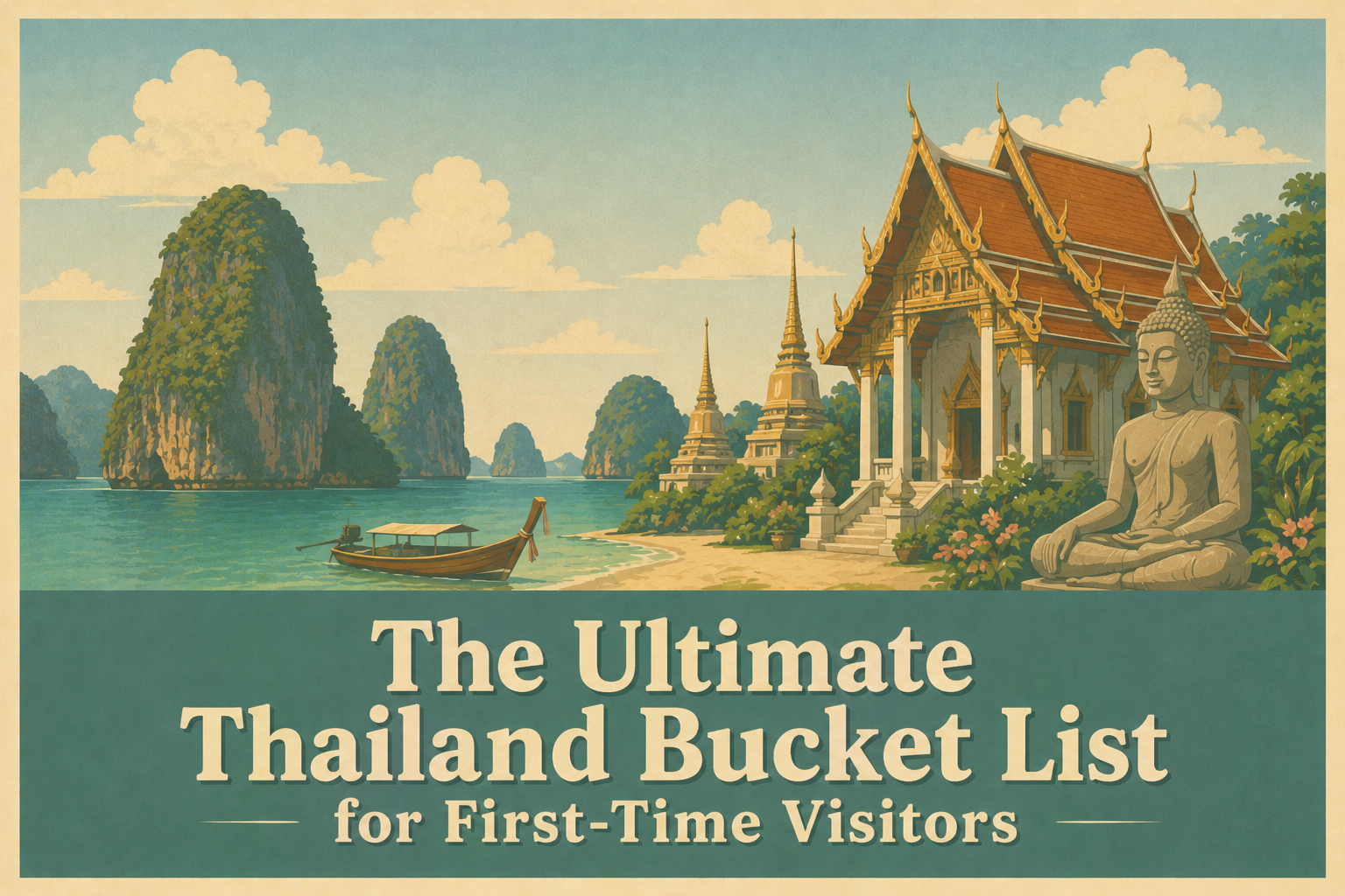 Cute Thailand bucket list illustration featuring beaches, street food, temples, island hopping, and