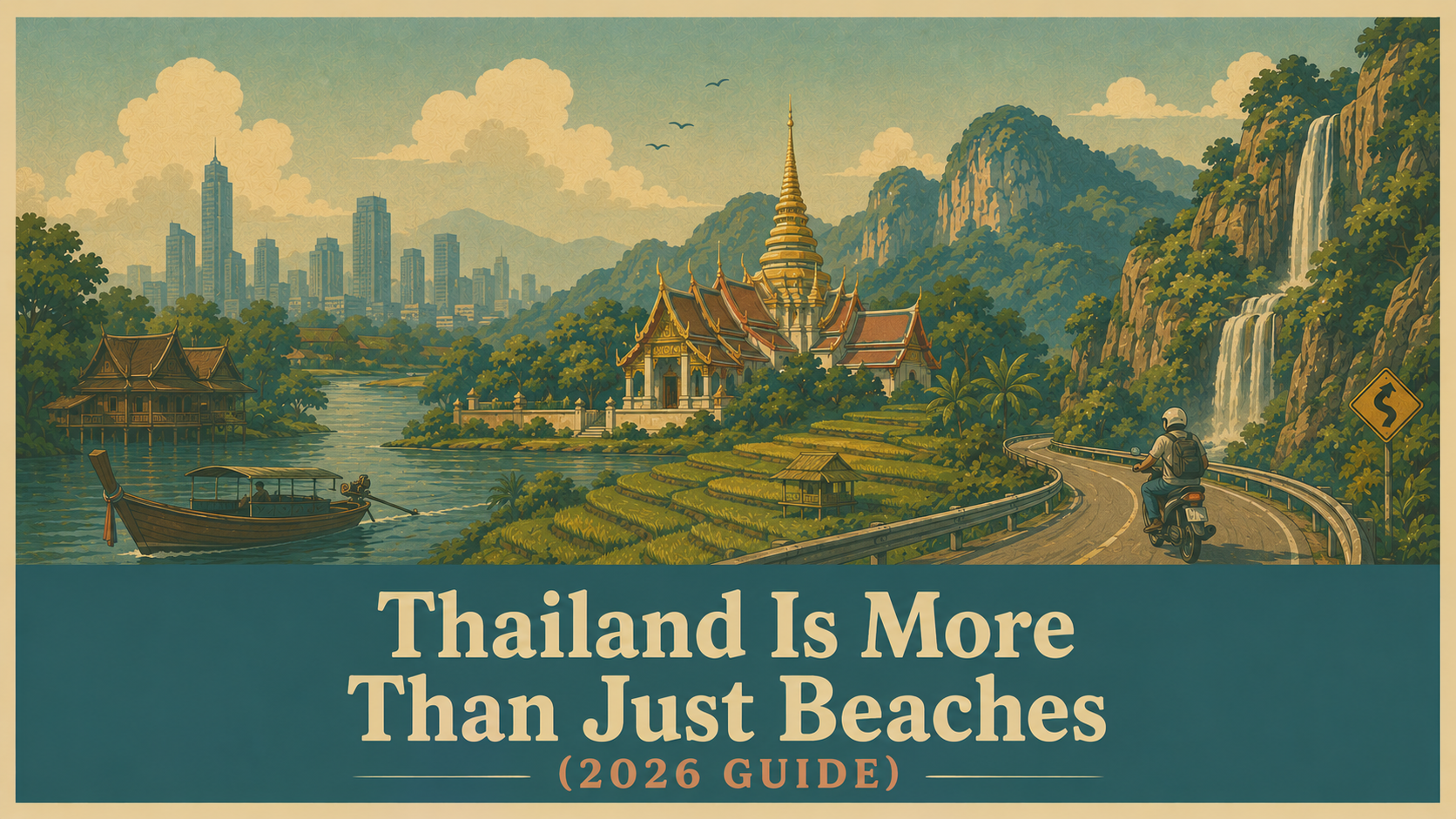 Illustration of Thailand's diverse attractions, including beaches, temples, mountains, and local cul