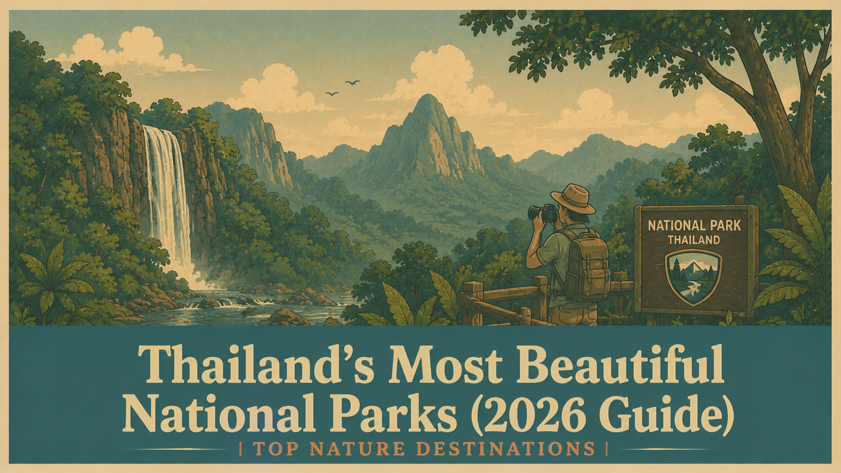 Illustration of Thailand's most beautiful national parks featuring rainforests, waterfalls