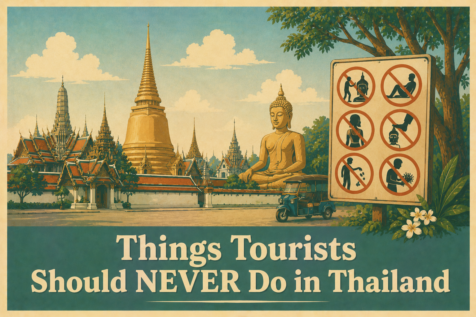 Cute illustrated Thailand etiquette guide showing things tourists should never do in Thailand.