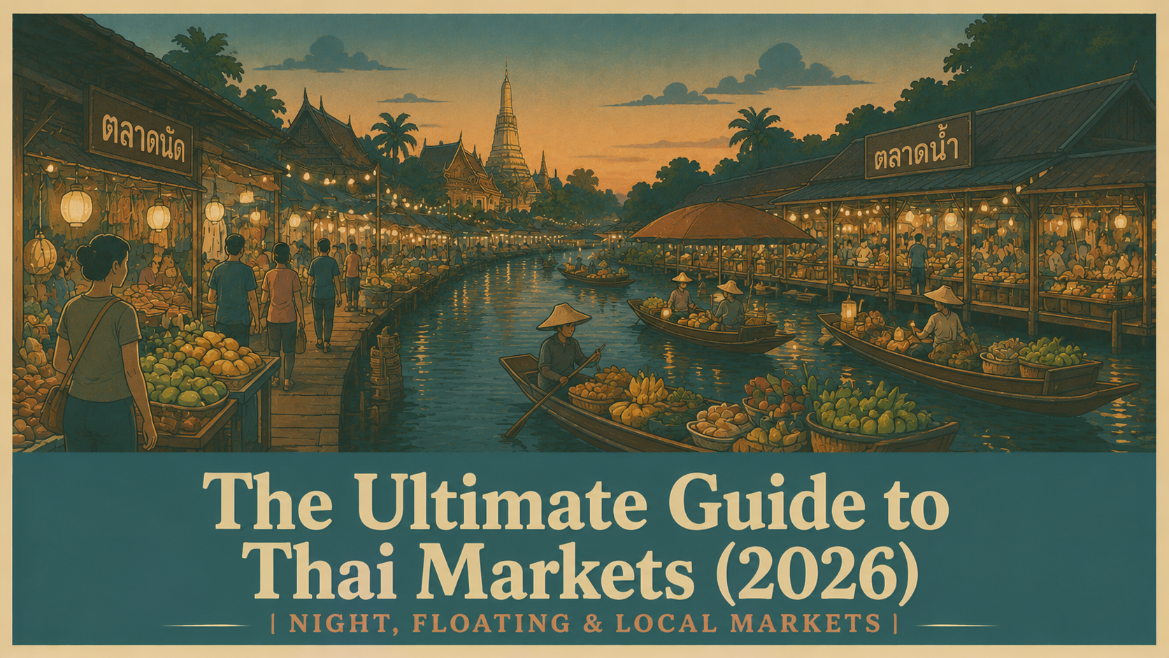 Illustration of Thailand's vibrant markets featuring floating markets, night markets, fresh produce,