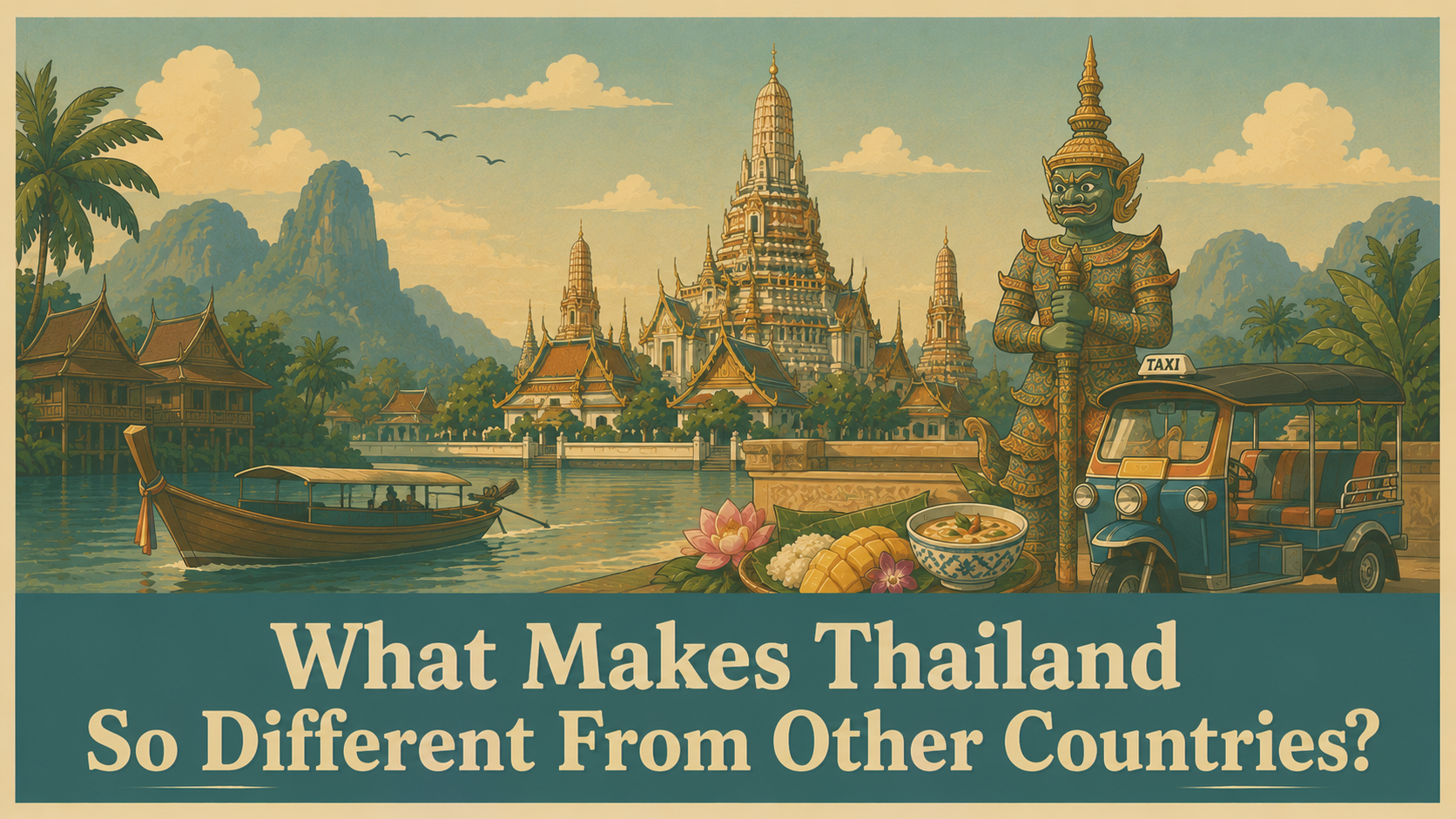 Illustration of Thailand's unique culture, beaches, temples, street food, and tropical landscapes.