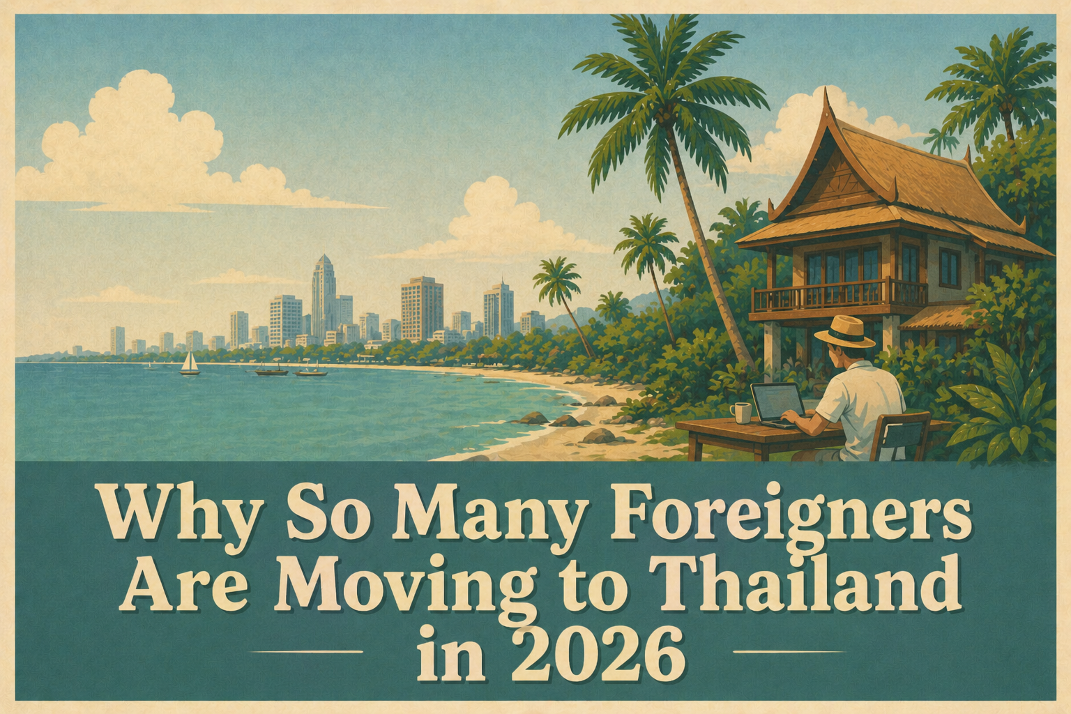 Cute Thailand lifestyle illustration with beaches, remote work, and tropical travel vibes.