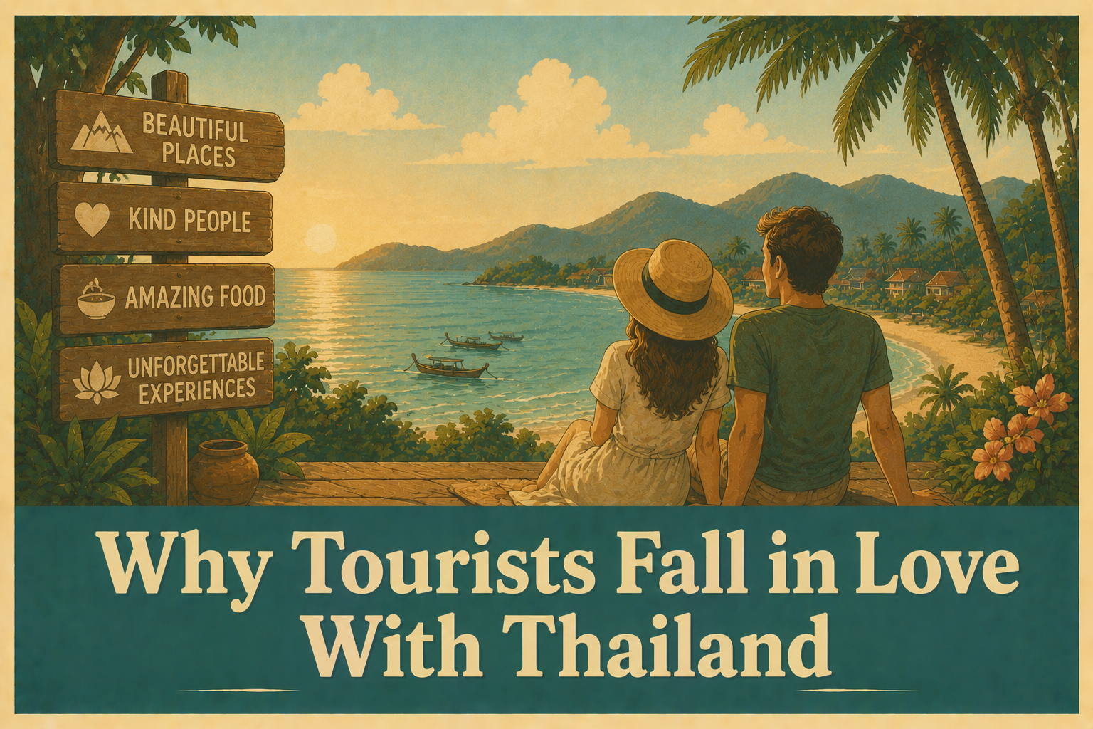 Illustration of tourists enjoying Thailand's beaches, food, culture, and unforgettable travel experi