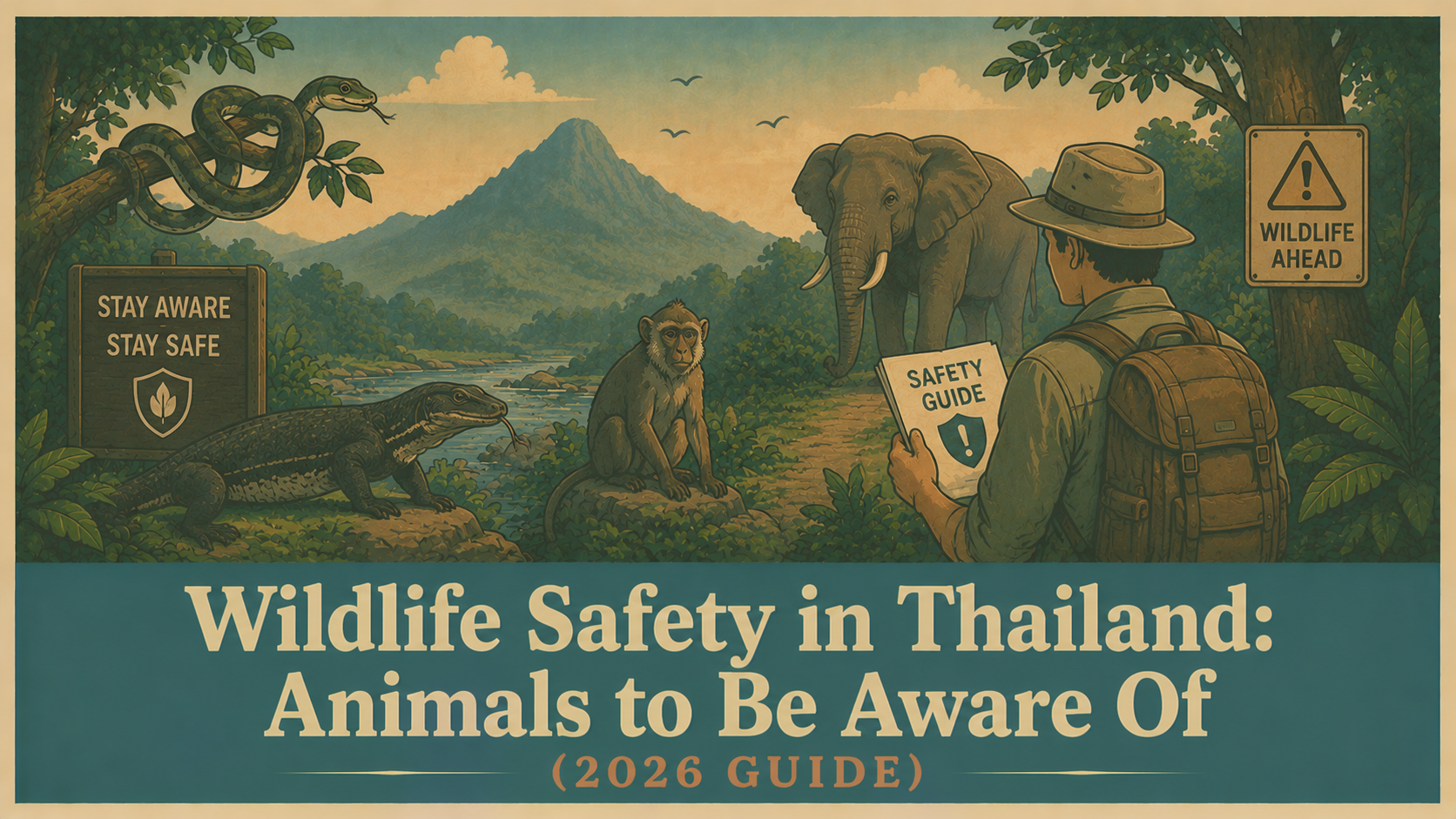 Illustration of Thailand's wildlife and tropical forests with hiking safety tips.