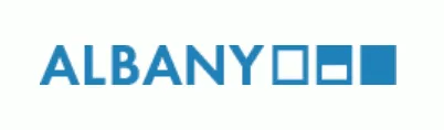 A blue and white logo for albany on a white background