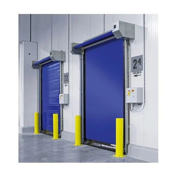 A warehouse with two blue doors and yellow poles.