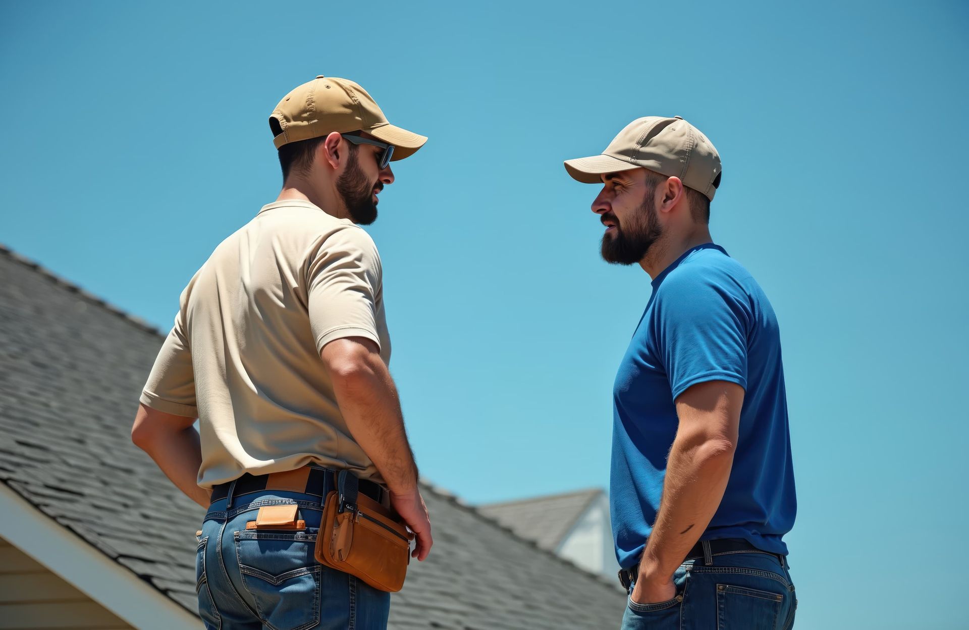 Two men in baseball caps converse on a rooftop under a blue sky; one in tan shirt, other in blue.