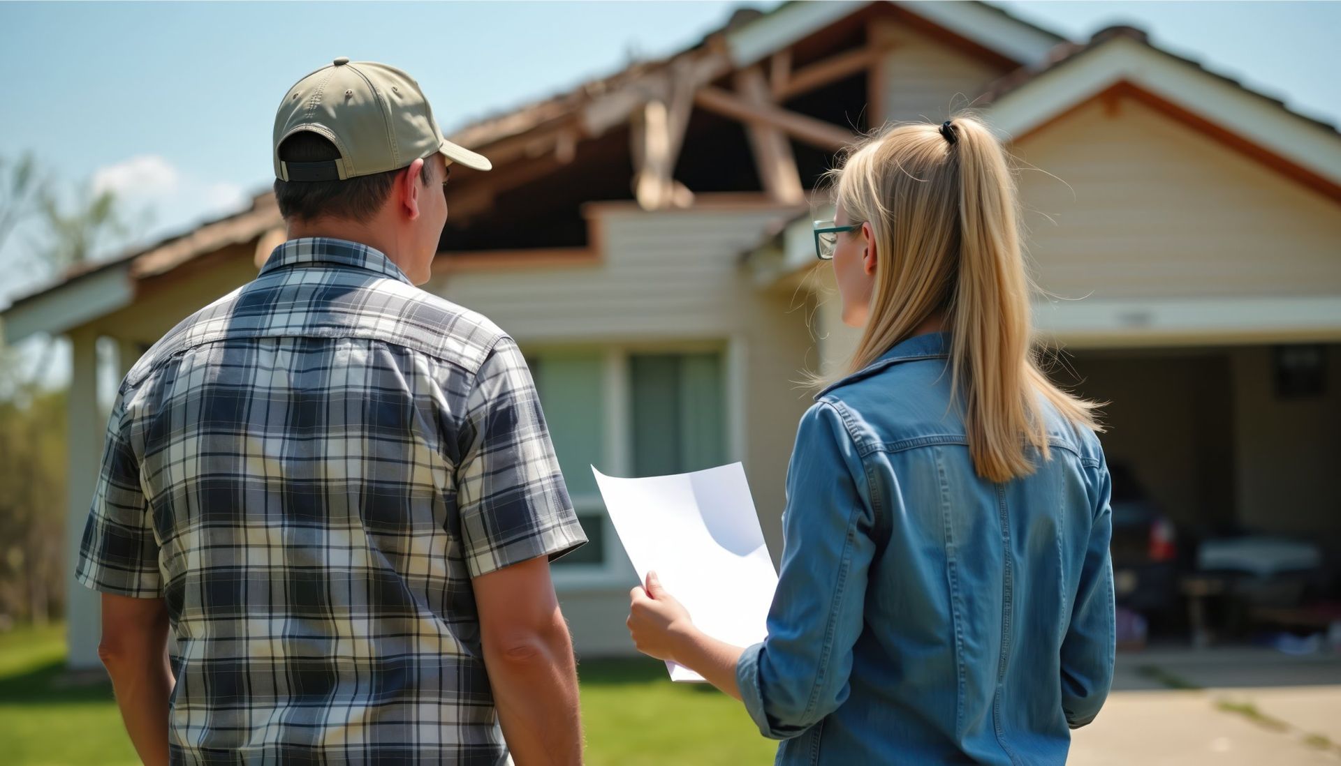 A man and woman examine damage to a roof. The woman holds papers. The house has a collapsed section.