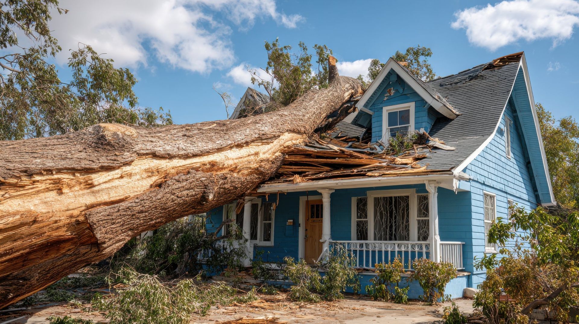 Large tree fallen on blue house, damaging roof. Sunny day, cloudy sky.