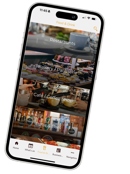Smartphone app showing restaurant, bakery, cafe, and pub listings.