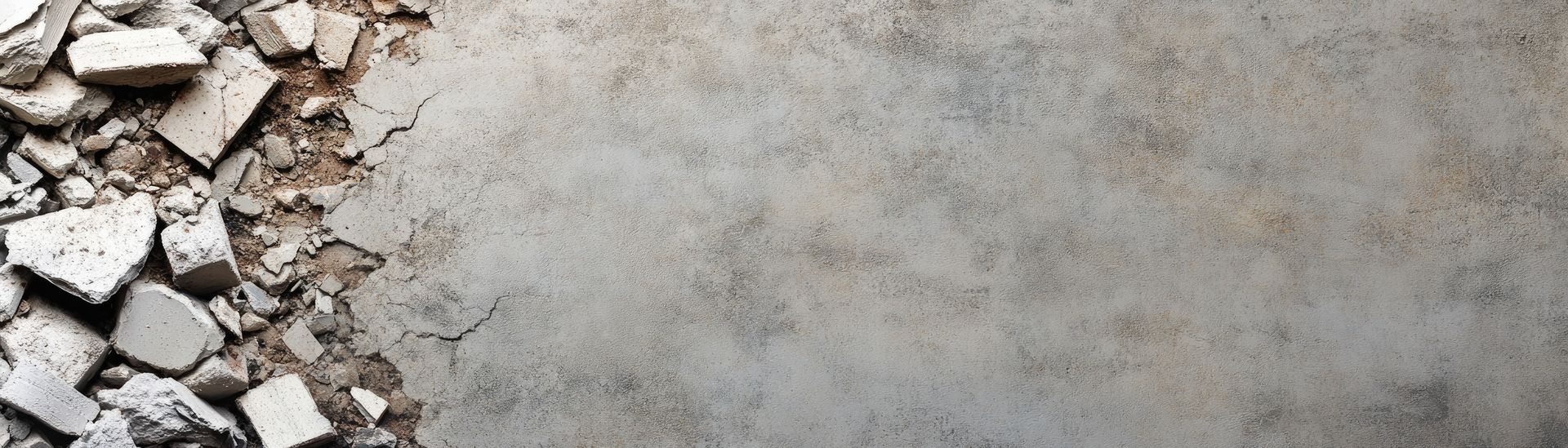 Debris of white and grey pieces next to a smooth grey concrete surface.