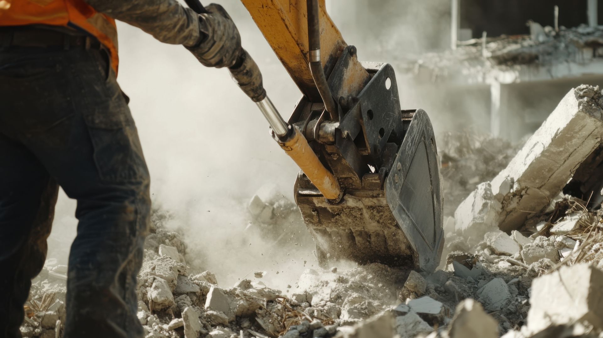 Excavator demolishing building, creating dust. Operator wearing orange vest, operating machinery outdoors.