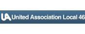The logo for the united association local 46 is blue and white.