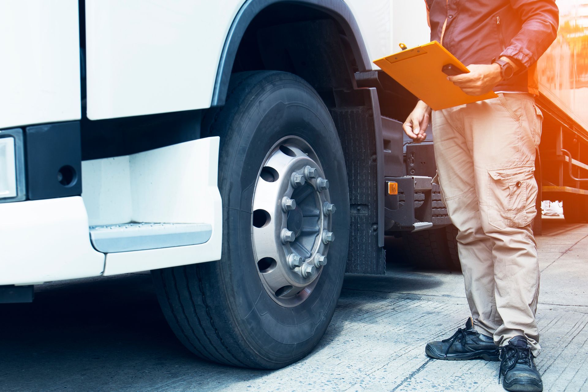 A Person Holding a Yellow Clipboard Stands Next to the Large Front Tire  — Roberts Automotive & Industrial in Brighton, TAS