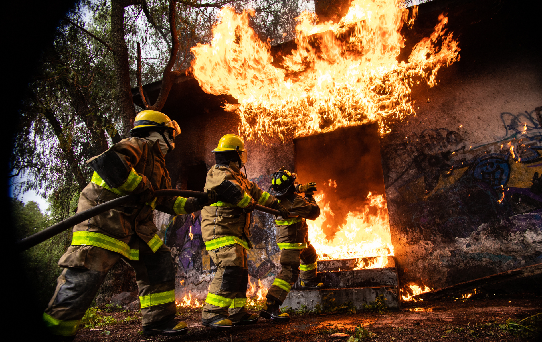 A group of firefighters are fighting a fire with a hose.