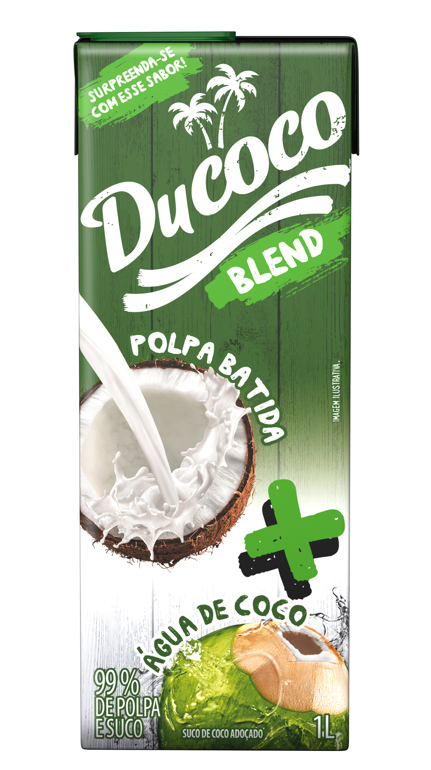 Carton of Ducoco Blend coconut drink, with coconut pulp and water. Green and white color scheme.