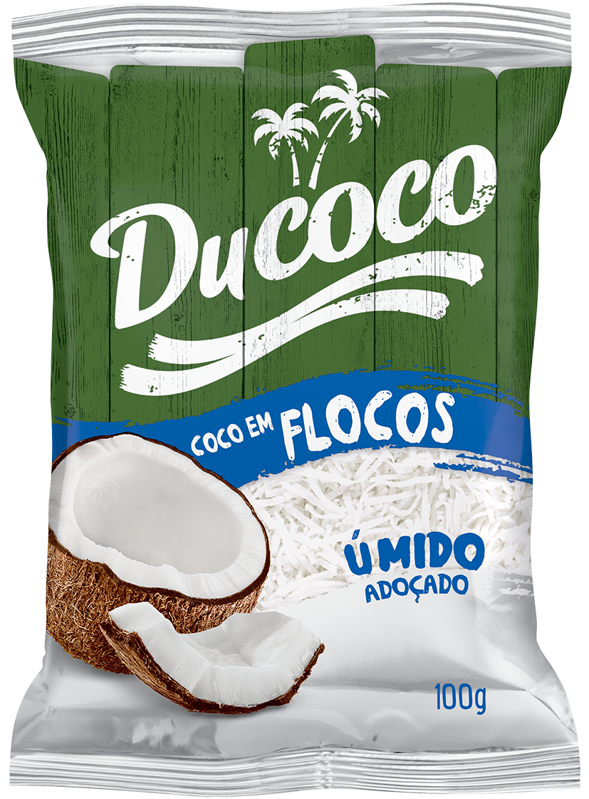 Bag of Ducoco coconut flakes, with coconut illustration, green and white packaging.