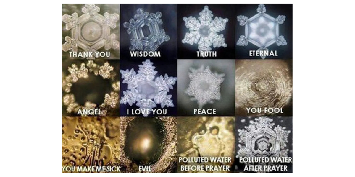 water crystals that formed after different phrases by Dr Masaru Emoto