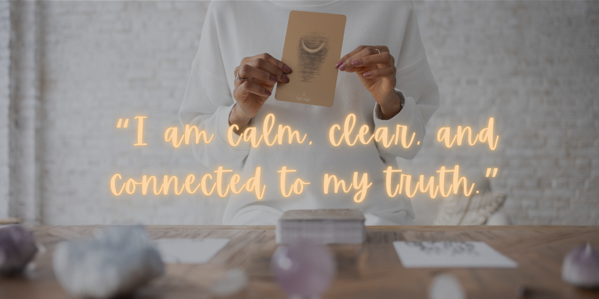 i woman holds up a card, with text over image showing an affirmation of self-trust
