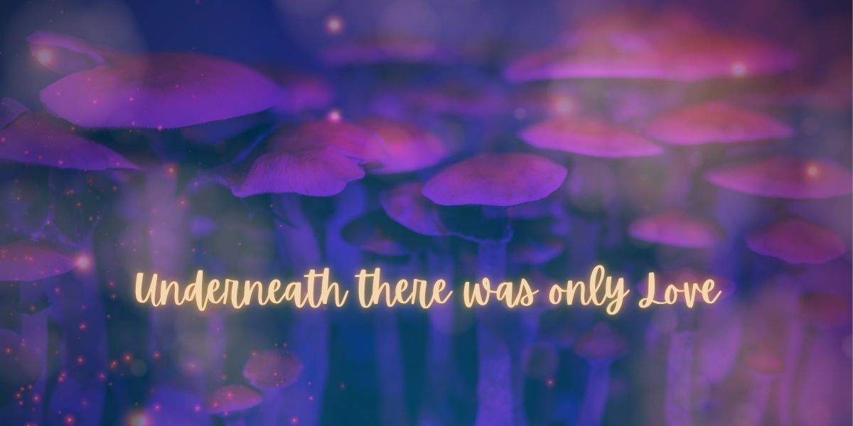 a purple and gold background with mushrooms