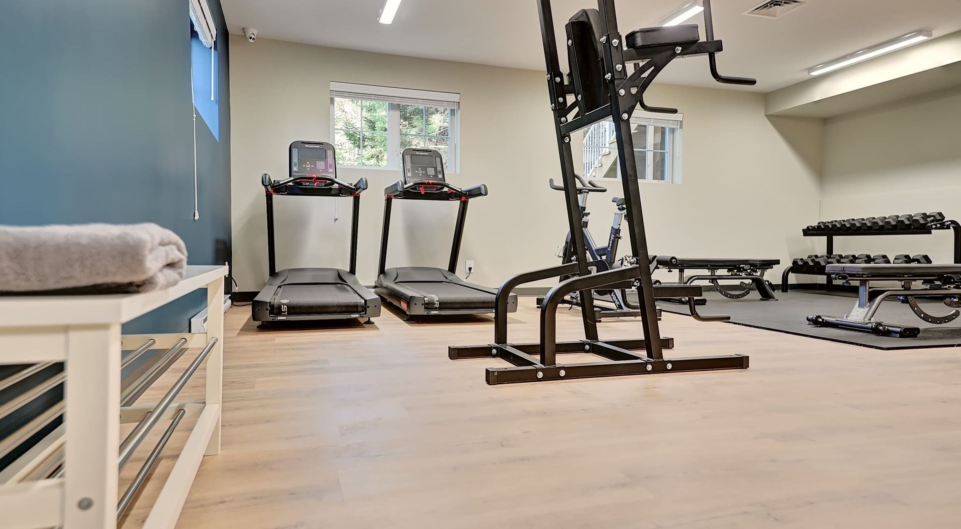 a gym with treadmills and a row of dumbbells