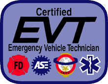 Certified Emergency Vehicle Technician badge with logos for fire, ASE, and ambulance services. | Quality Car & Truck Repair Inc