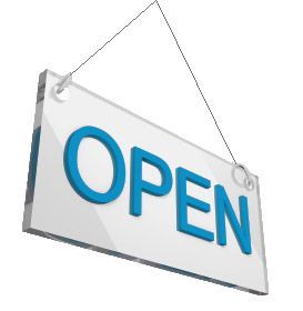 Open sign with blue text on a white background, hanging from a thin string. | Quality Car Truck Repair