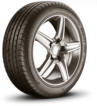 Car tire on a silver alloy wheel, with tread pattern visible.