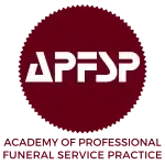 Maroon seal with white text: Academy of Professional Funeral Service Practice.