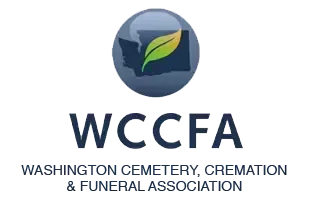 Logo of Washington Cemetery, Cremation & Funeral Association; blue sphere, leaf, state outline, and navy text.