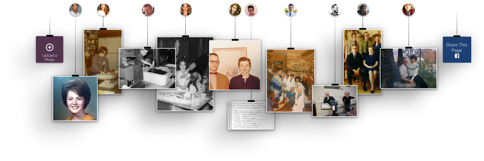 Timeline of photos clipped to a wire, displaying various events and portraits.