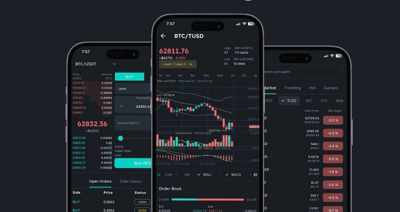 Three phones are sitting next to each other on a table.