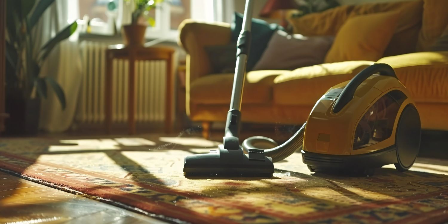 A vacuum cleaner is sitting on a rug in a living room.