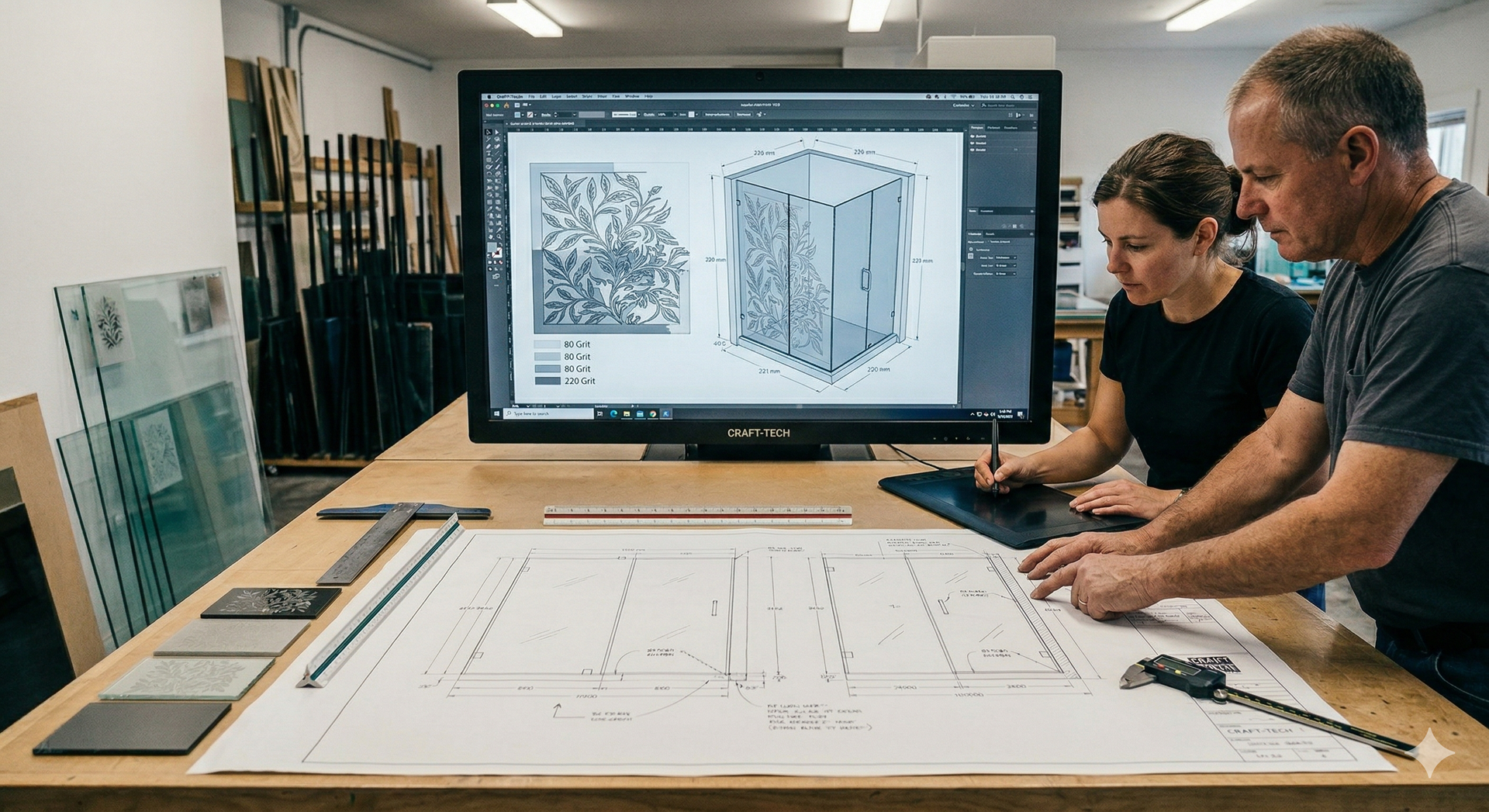 Two people review architectural plans and a 3D digital model on a large monitor in a professional design studio.