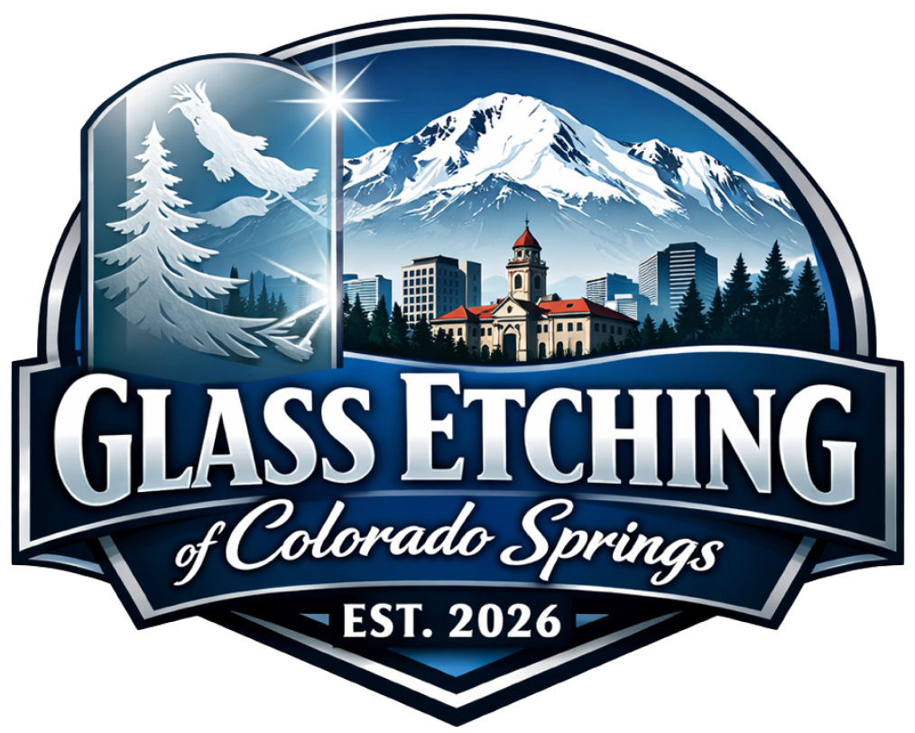 Logo for Glass Etching of Colorado Springs, featuring a mountain, cityscape, eagle, and pine tree on a blue shield.