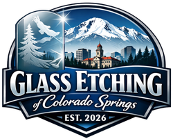 Glass Etching of Colorado Springs logo with mountains, trees, city skyline, and EST. 2026