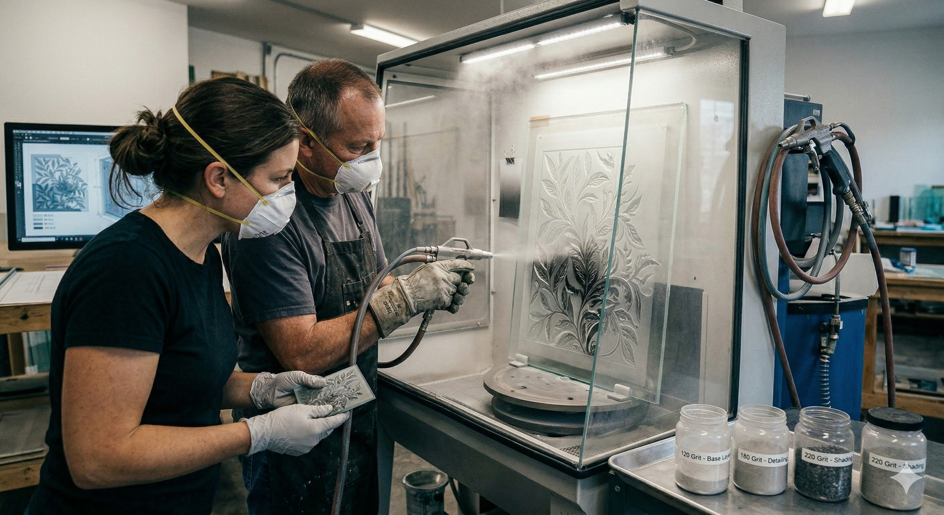 Two people in masks and gloves operate a spray booth to apply a finish to a textured, decorative panel.