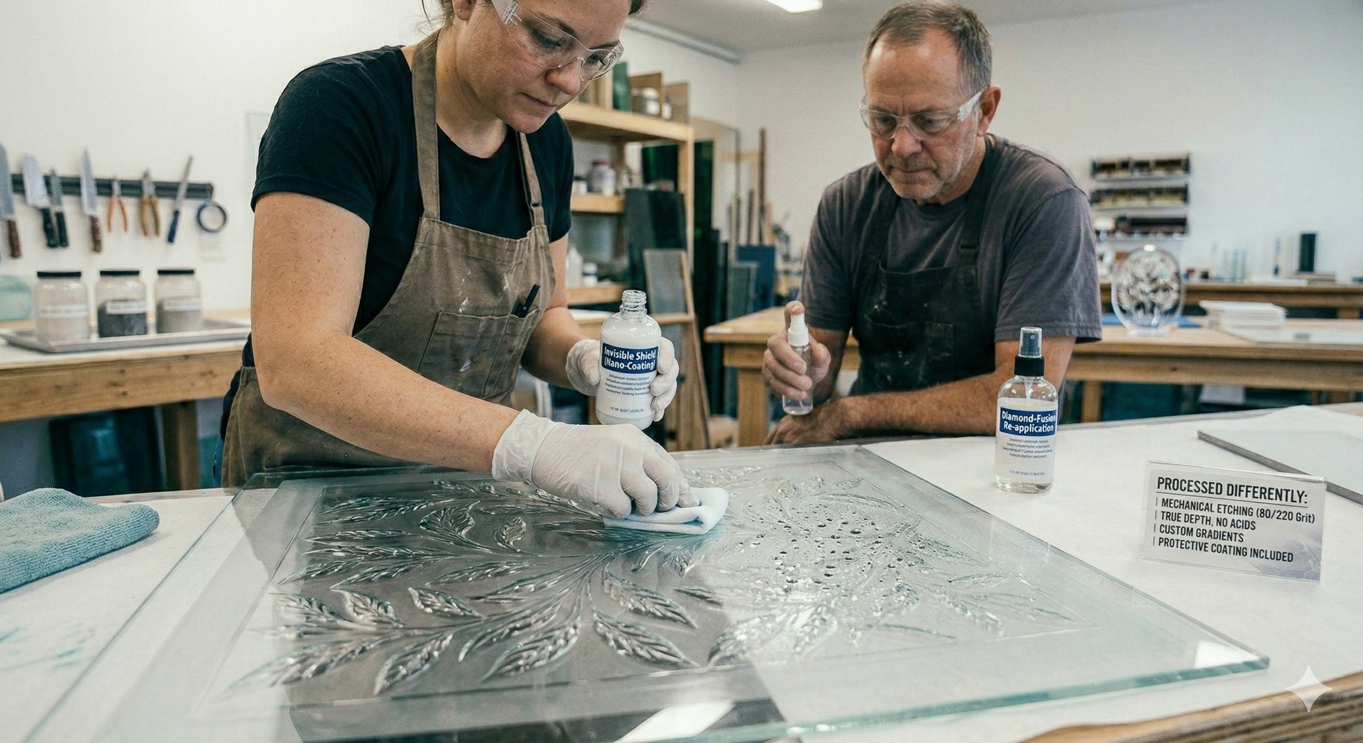 Two craftspeople in aprons apply a cleaning solution to a glass sheet with an etched floral pattern in a workshop.