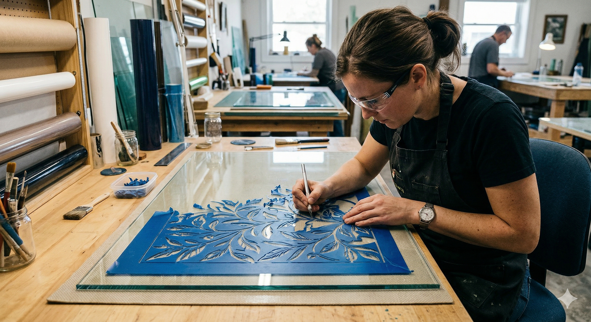 A person in a studio uses a craft knife to precisely cut a complex blue stencil design on a glass surface.