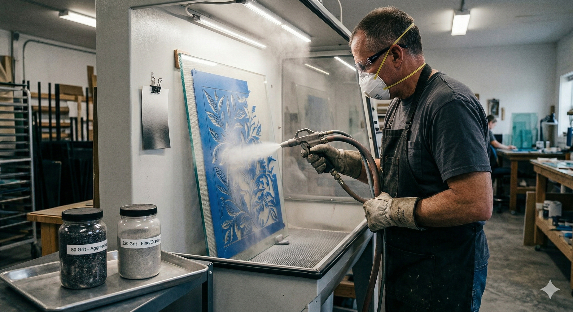 Artist spray-painting a blue abstract canvas in a studio workshop
