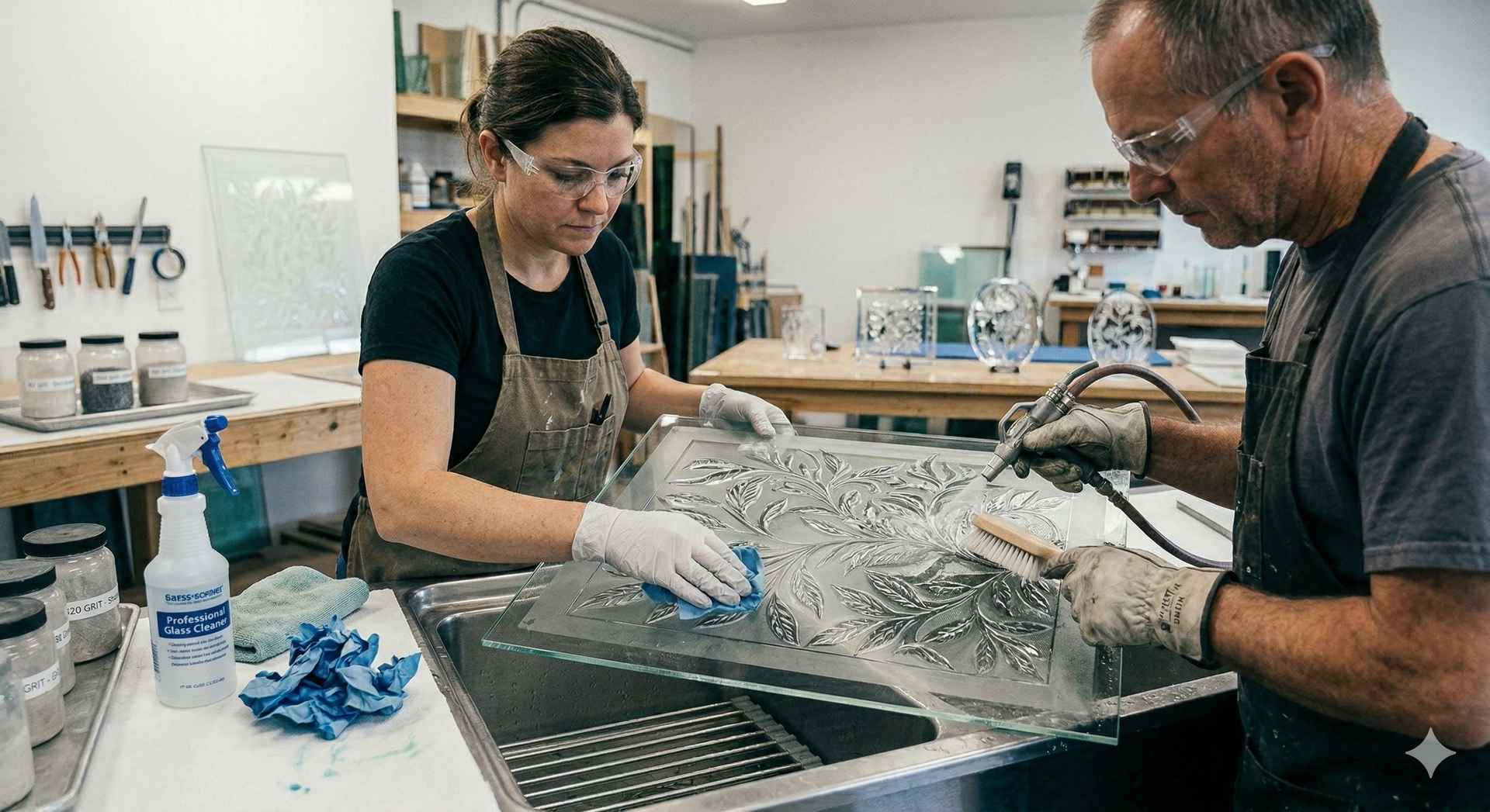 Two people wear protective gear and gloves while working together to etch or clean a detailed glass piece in a studio.