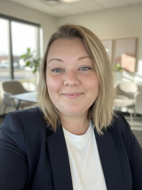 Jess Howard Realtor Headshot. A woman is sitting at a desk with a laptop and a vase of flowers.