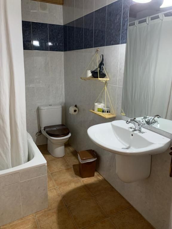 Bany amb vàter, lavabo, banyera, prestatges i rajoles marrons. Les parets estan enrajolades en blanc, blau i gris.