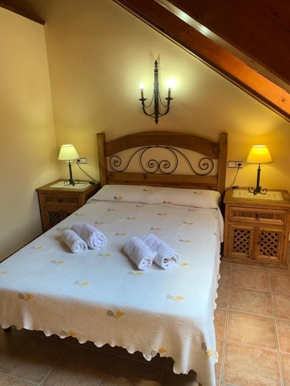 Dormitori amb un llit de fusta, tauletes de nit, làmpades i un aplic decoratiu. Tovalloles blanques al llit.