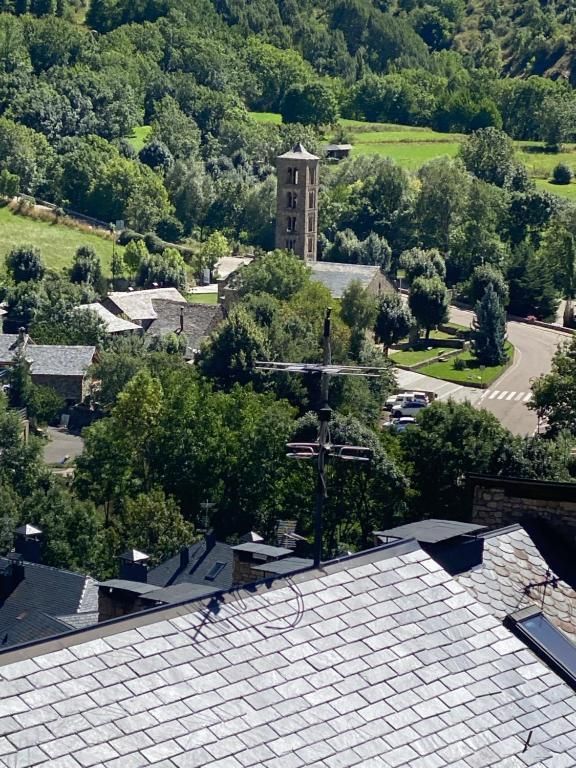 Vista d'un poble amb un campanar, envoltat d'arbres verds i turons. Teulades de pissarra en primer pla.